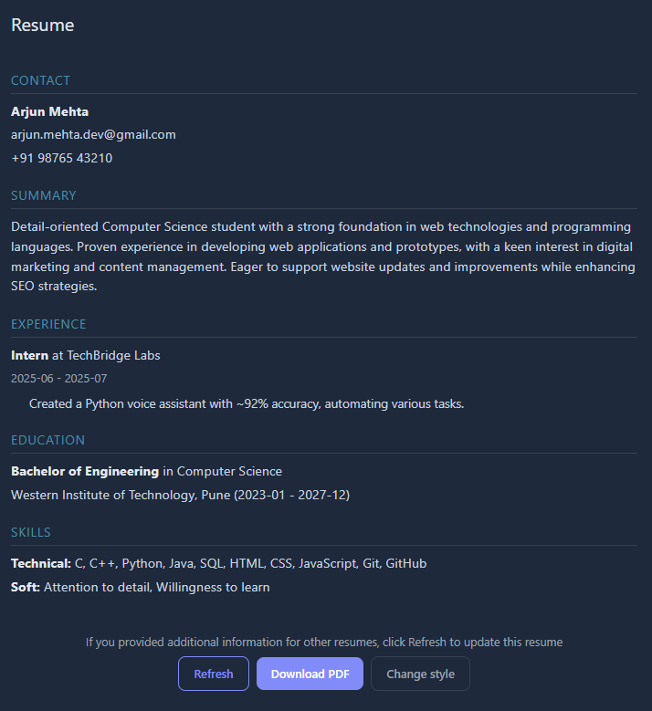 Resume preview inside the ResumeHedgehog app