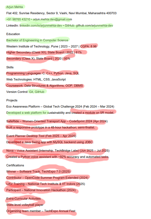 Resume with useful parts highlighted in green and useless parts in red