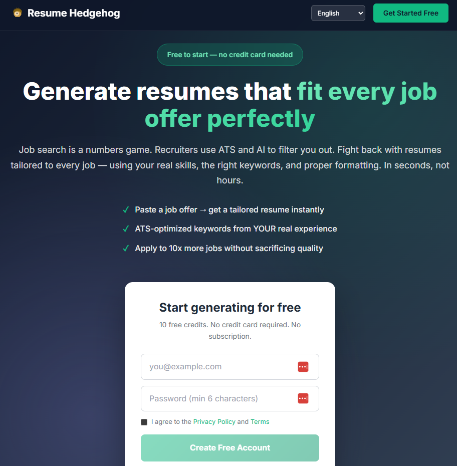 ResumeHedgehog language selection screen