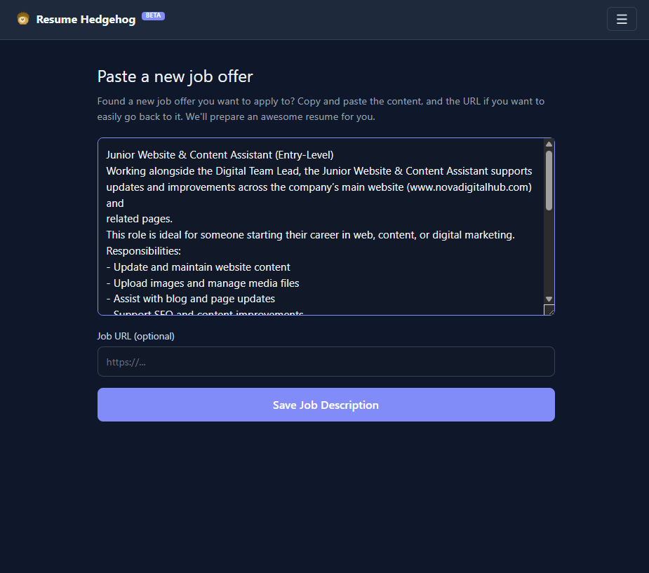 Pasting the job posting into ResumeHedgehog