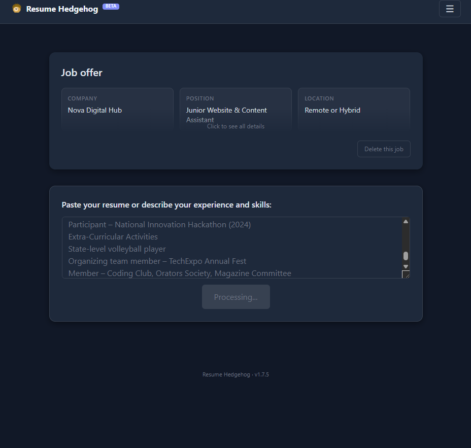 Pasting the resume into ResumeHedgehog