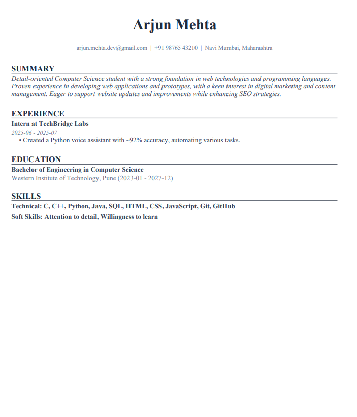 The generated resume, clean and tailored