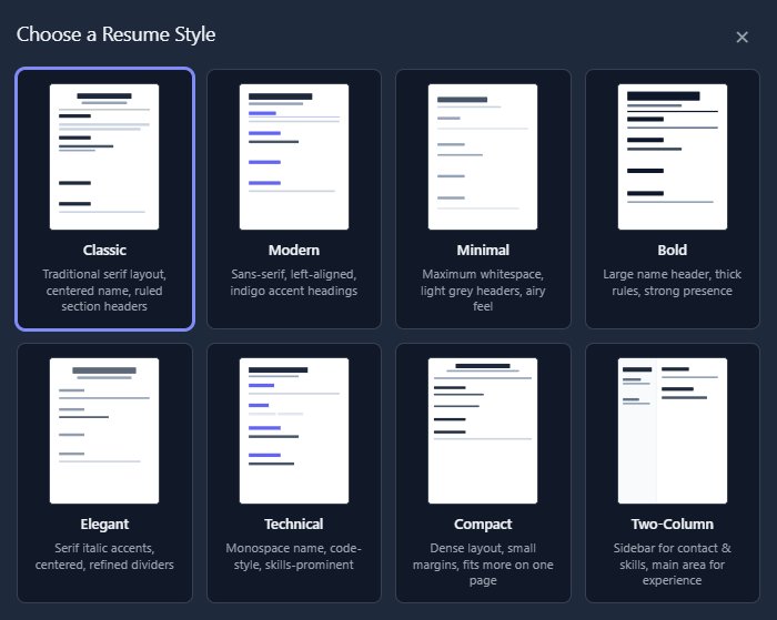 Available resume styles in ResumeHedgehog